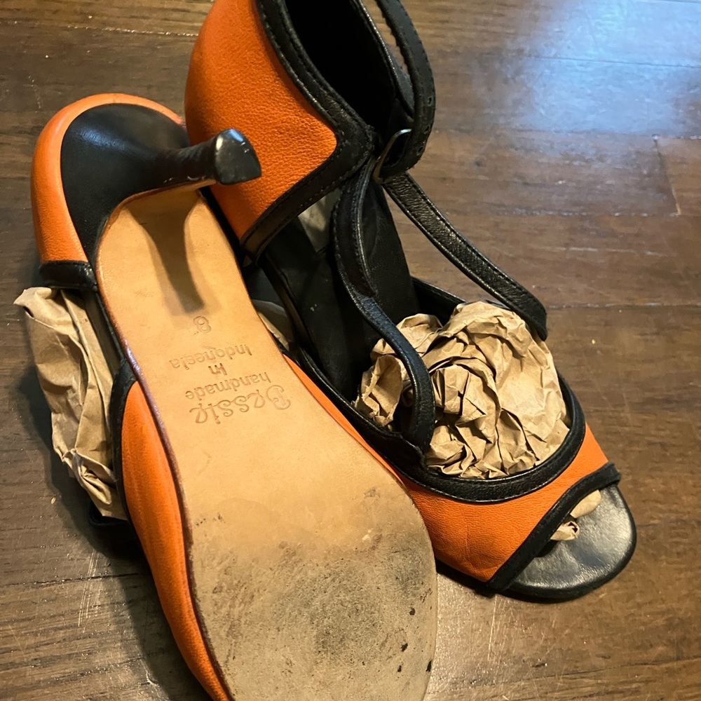 Handmade Leather Orange and Black Tango Heels Size 8 - Picture 5 of 9
